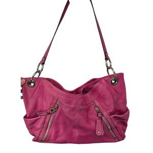 B. Makowsky Pink Leather Shoulder Bag With Leopard Interior Silver Accents & Zip